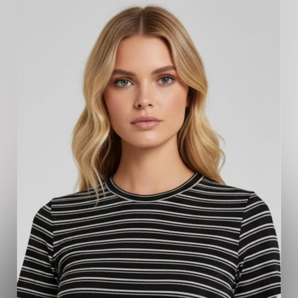 Striped T-Shirt Dress with Slit Black